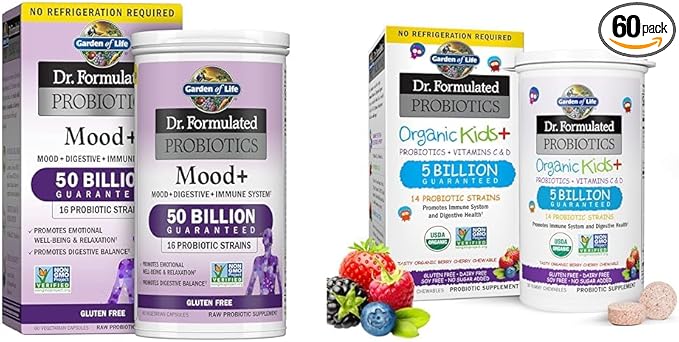 Garden of Life Dr. Formulated Probiotics Mood+ Acidophilus Probiotic Supplement - Promotes Emotional Well-Being &amp Dr. Formulated Probiotics Organic Kids+ Plus Vitamin C &amp D - Berry Cherry - Gl