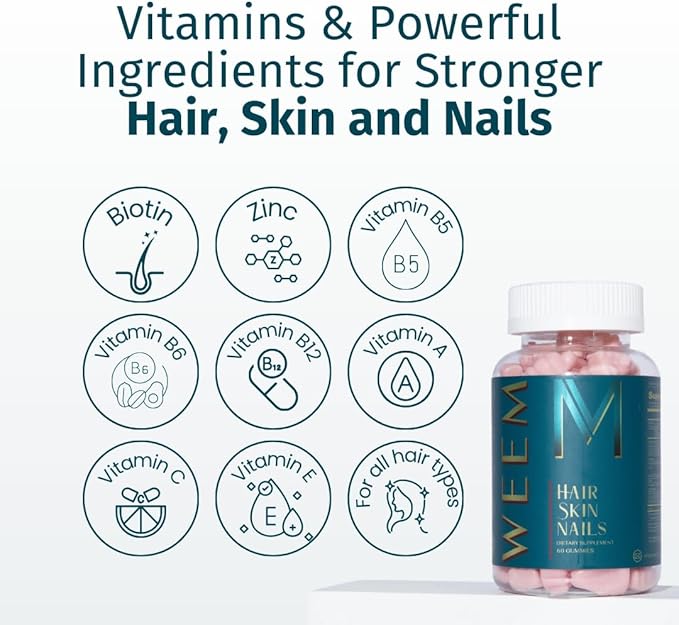 WEEM Hair Skin and Nails Gummies - Supports Healthy Hair - Vegan biotin Vitamins for Women &amp Men Supports Faster Hair Growth Stronger Nails Healthy Skin Extra Strength (1)