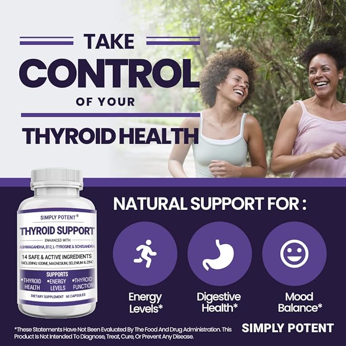 Simply Potent Thyroid Support &amp Adrenal Support Supplement 2-in-1 Natural Formula with Iodine &amp Ashwagandha for Energy Metabolism Focus for Women &amp Men 60 Caps