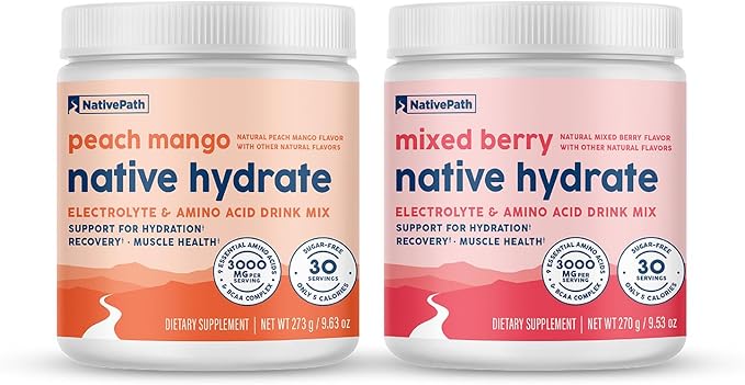 NativePath Hydrate Duo - Mixed Berry &amp Peach Mango Electrolyte Drink Mix with BCAA for Hydration