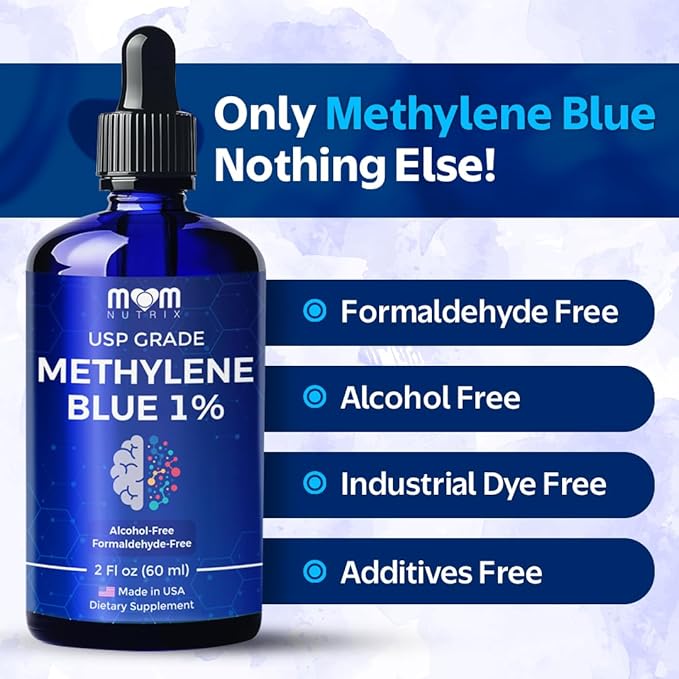 MOM NUTRIX Methylene Blue Pharmaceutical Grade - USP Grade 1% Solution Third-Party Tested Brain Health Dietary Supplement for Humans - No Formaldehyde Alcohol Free - Made in USA - 60 ml 2 oz