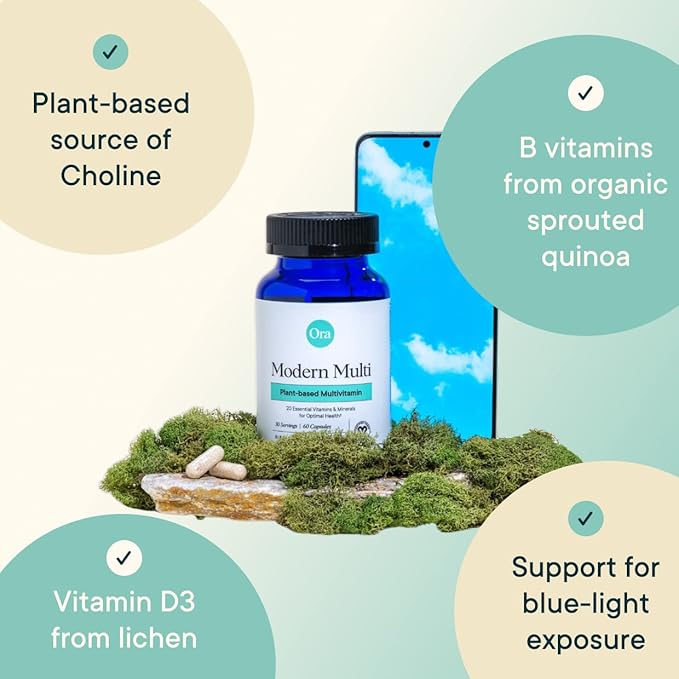 Ora Organic Plant Based Multivitamin for Women and Men Bluelight Protection - Brain Eye Energy Immune Skin Hair Heart and Bone Health Support 60 Vegan Capsules