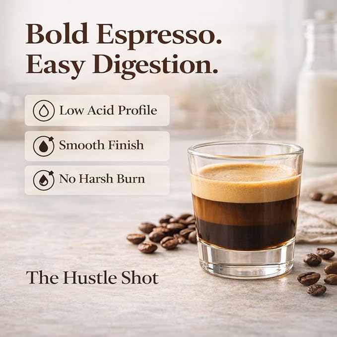 Moksha Organic Espresso Coffee Beans Dark Roast Low Acid Non-GMO Whole Coffee Beans. The Hustle Shot Roasted in Small Batches. Rich Notes of Chocolate and Nuts - 12 OZ (18 Double Shots)