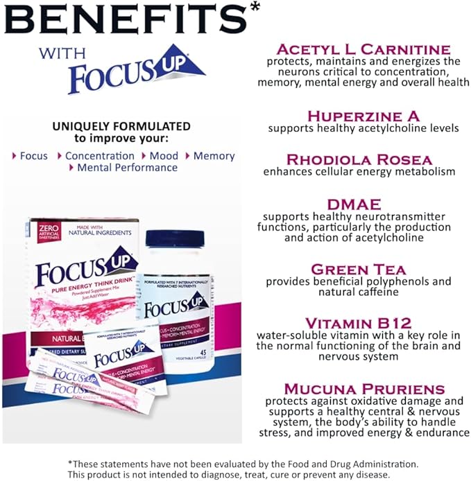 FocusUP Think Drink – Natural Energy &amp Focus Supplement Powder with Acetyl L-Carnitine Rhodiola DMAE &amp Huperzine-A | Brain Support Mental Clarity &amp Smooth Energy | 12 Sugar-Free Stick P