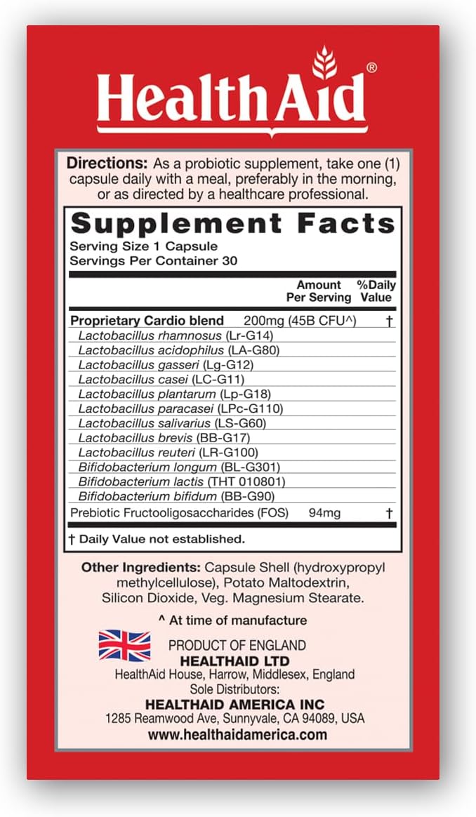 HealthAid CardioProbio Gut-Heart Probiotic – 45 Billion CFU 12 Strains + Prebiotic – Supports Digestive Health &amp Cardiovascular Wellness – Acid &amp Bile Resistant Vegetarian – 30 Capsules*