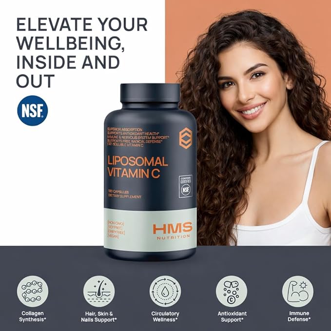 Liposomal Vitamin C 1600 mg — Fat‑Soluble High‑Absorption Liposomal C Capsules for Immune &amp Skin Support | NSF‑Certified Non‑GMO Gluten‑Free | 180 Capsules (90‑Day Supply)