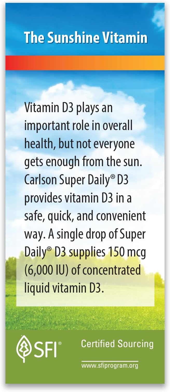 Carlson - Super Daily D3 6000 IU (150 mcg) per Drop Liquid Vitamin D3 1-Year Supply Non-GMO Unflavored 365 Vegetarian Drops (10.3 mL)