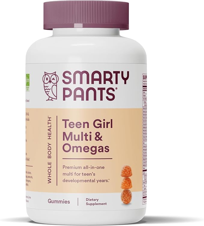 SmartyPants Teen Girl Multivitamin Gummies: Omega 3 Fish Oil (EPA/DHA) Vitamin C D3 B12 Vitamin A K &amp Zinc Gluten Free Includes Biotin to Support Hair Skin &amp Nails 120 Count (30 Day S