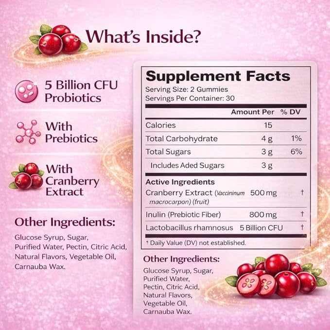 Cranberry Flavored Gummies 60 gummies per pack 180g packaging dimensions: 18cm (height) 15cm (width) 4cm (thickness)