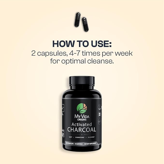 My Vida Origins Activated Coconut Charcoal Capsules - Detox Gas Relief Digestive and Gut Health Support | Vegan Organic Non-GMO Gluten Free No Additives - 90 Count