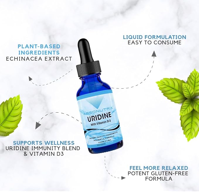 Absonutrix Uridine with Vitamin D-3 343 mg 4 FL OZ Liquid 302 Servings Made in USA Plant-Based Ingredients Gluten-Free