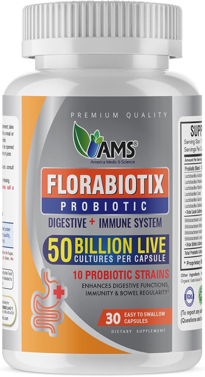 America Medic &amp Science Florabiotix Probiotic (30 Capsules) | Dietary Supplement for Men and Women| 50 Billion Live Cultures | 10 Probiotic Strains | Supports Digestive and Immune Health
