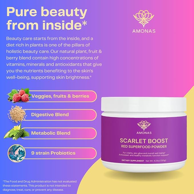 Scarlet Boost Red Superfood Powder - All Natural Red Greens Superfood Powder and Smoothie Mix: Greens Powder with Digestive Blend &amp 9 Strain Probiotics - 30 Servings