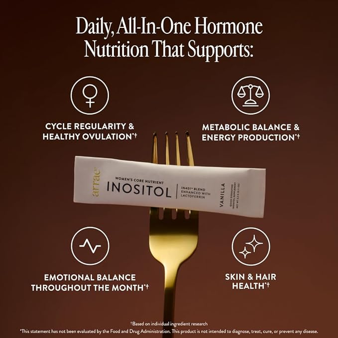 Arrae Inositol Supplement for Women - Supports Healthy Hormonal Balance Regular Cycles &amp Ovarian Health - 40:1 Myo &amp D-Chiro Raton with Lactoferrin &amp Folate - Vanilla Flavor - 30 Pack