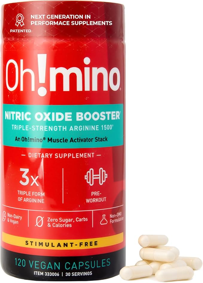 Oh!mino L-Arginine Nitric Oxide Supplement - Blood Flow Supplement Nitric Oxide Booster w/Beetroot Powder for Energy Focus Endurance Muscle Building - Pre &amp Post Workout (120-Count 30 Serving