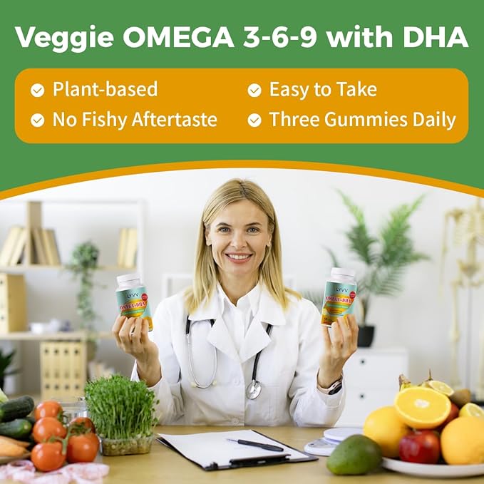 Omega Plus DHAfor Adults and Kids Lemon Flavor -120 Gummies - Omega 3 6 9 and DHA - Promotes Brain &amp Heart Health - Veggie - 40 Servings (1)