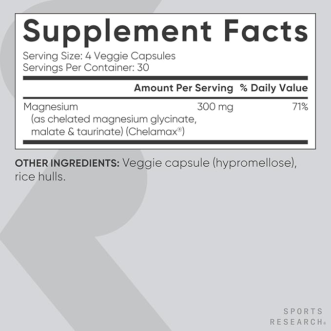 Sports Research® Chelated Triple Magnesium Complex with Glycinate Taurinate &amp Malate (Chelamax®) for Enhanced Bioavailability* - 300 mg per Serving Non-GMO Certified Vegan 120 Veggie Capsules