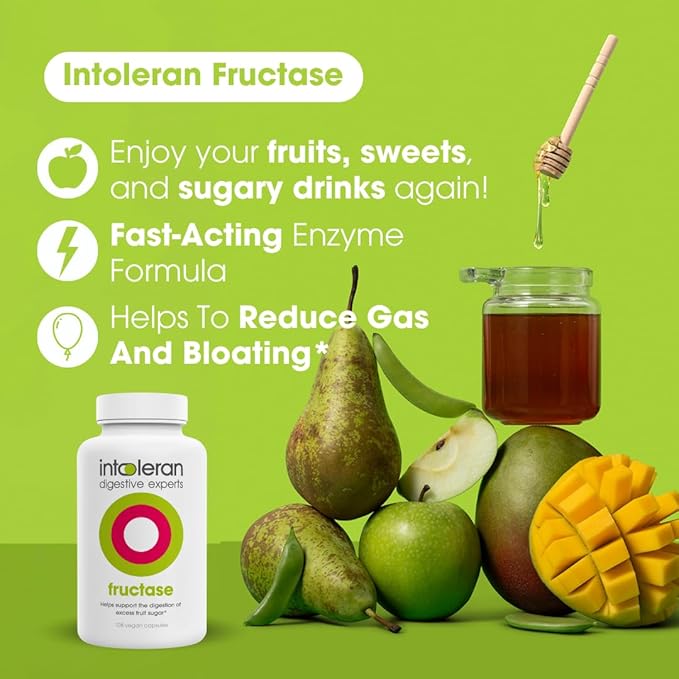 Intoleran Fructase Digestive Enzymes - 108 Capsules | Supplement for Fructose Intolerance | Enzymes to Help Digest Sugary Foods &amp Drinks (Fruit Sugar) | Fast Acting | Pure and Vegan | Low FODMAP