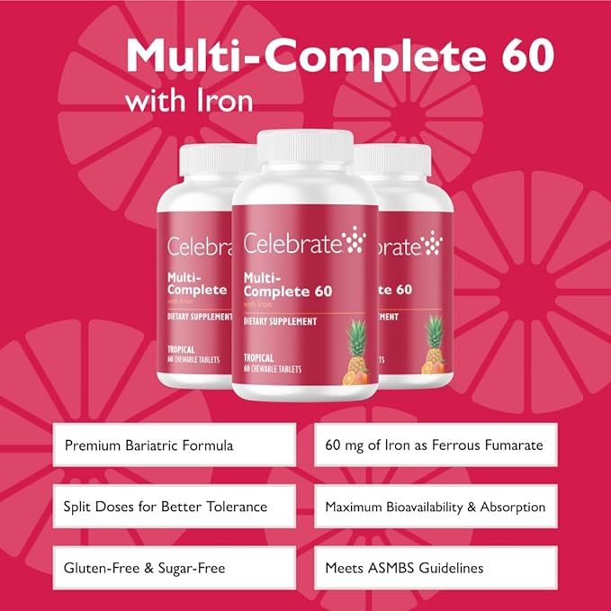 Celebrate Vitamins Multi-Complete Chewables 60mg Iron – Daily Bariatric Multivitamin for Sleeve Gastrectomy &amp Gastric Bypass Surgery Patients – Essential Vitamins &amp Minerals - Tropical (180 T