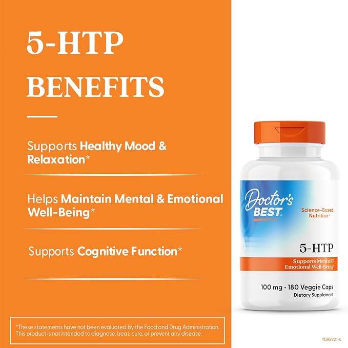 Doctors Best 5-HTP Supports Mental &amp Emotional Well-Being Non-GMO Gluten Free Soy Free Vegan 180 Veggie Caps