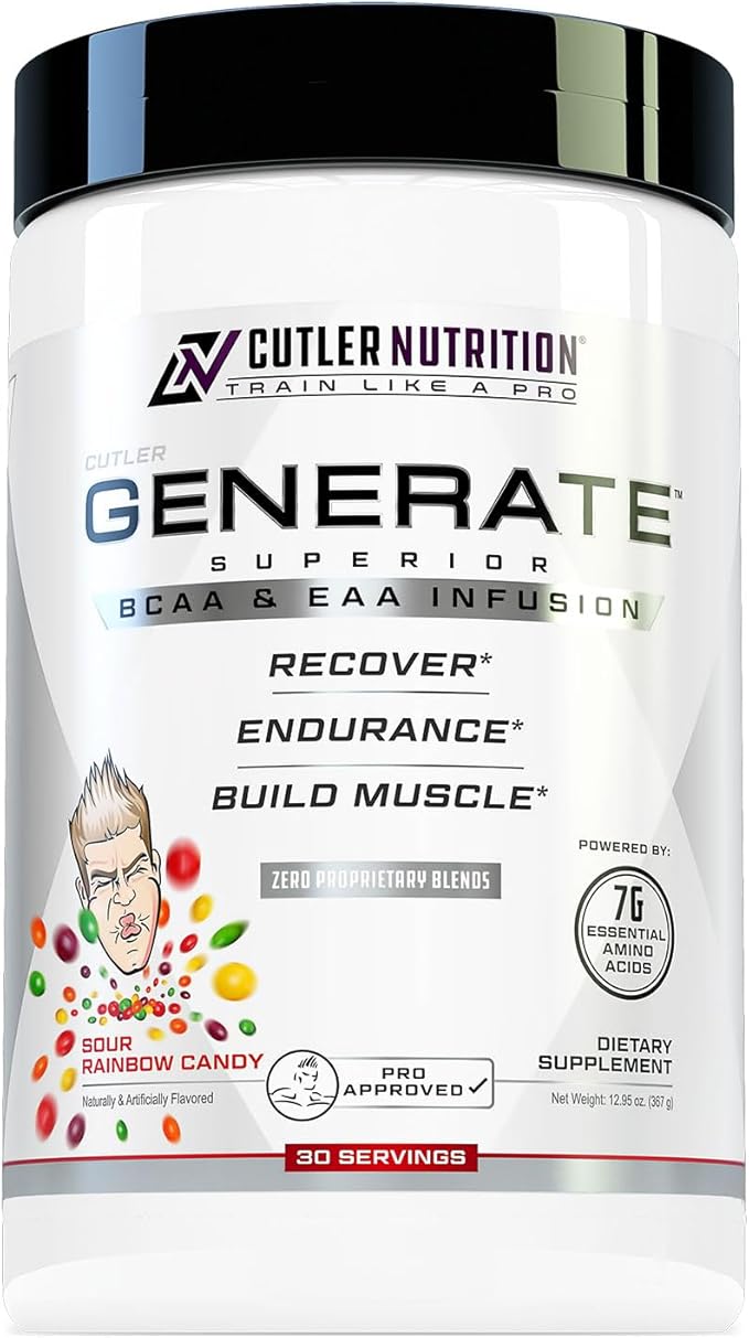 Cutler Nutrition Generate EAA and BCAA Powder: Best Branched Chain Amino Acids Supplement with Essential Amino Acids 5g BCAAs 2g EAAs for Lean Muscle Mass | Sour Rainbow Candy 30 Servings