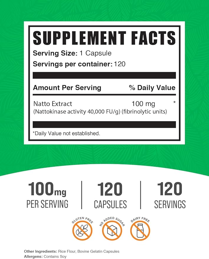 BulkSupplements.com Nattokinase 4000 FU Capsules - Nattokinase Supplement Sourced from Natto Extract Nattokinase 100mg - Gluten Free 1 Capsule per Serving 120 Capsules (Pack of 1)