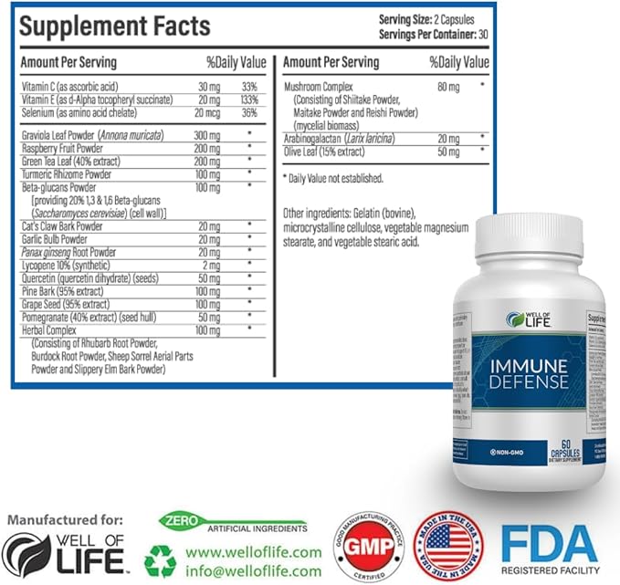 Immune Defense 600mg | 60 Veg Capsules. Enhance Immune Health with a Potent Blend of Graviola Leaf Raspberry Fruit Green Tea Turmeric Garlic. Boost Your Well-Being Naturally.