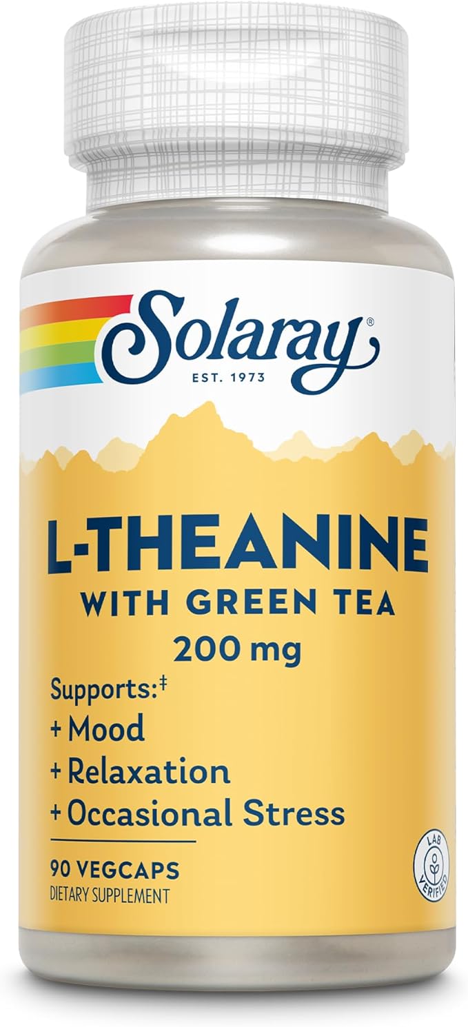 SOLARAY L-Theanine 200mg with Green Tea - Healthy Mood Relaxation and Occasional Stress Support - Lab Verified Vegan Gluten Free - 90 Servings 90 VegCaps