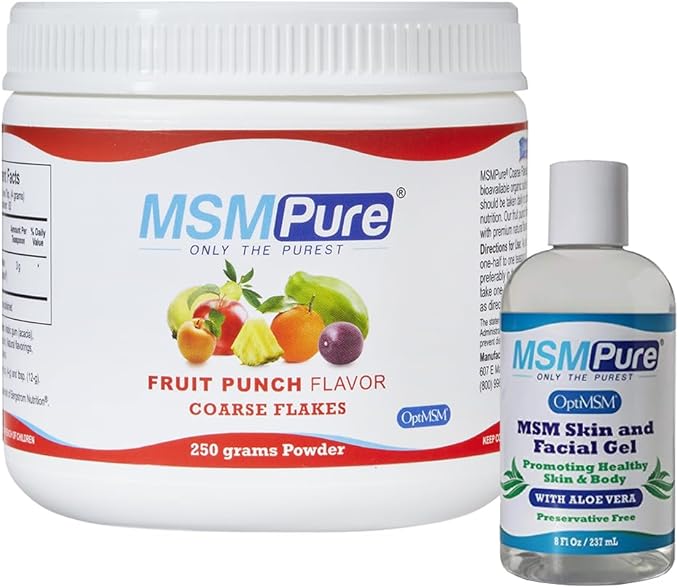 KALA HEALTH MSMPureFruit Punch Flavored Coarse Flakes 8.8 oz and MSM Gel 8 oz Bundle