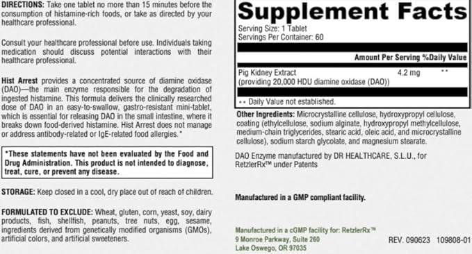 HormoneSynergy RetzlerRx® DAO Enzyme Supplement to Supports Healthy Degradation of Food-Derived Histamine - Diamine Oxidase for Digestive Health 20000 HDU Per Serving (60 Tablets)