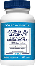 The Vitamin Shoppe Magnesium Glycinate 400 MG Fully Chelated Magnesium for Superior Absorption Supports Energy Production Relaxation &amp Sleep Support Cardiovascular Health Gluten Free 135 Tab