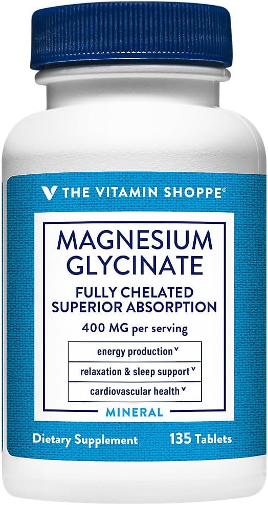 The Vitamin Shoppe Magnesium Glycinate 400 MG Fully Chelated Magnesium for Superior Absorption Supports Energy Production Relaxation &amp Sleep Support Cardiovascular Health Gluten Free 135 Tab