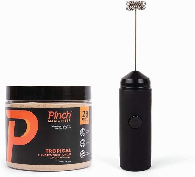 Pinch Magic Fiber &amp Mixer Bundle | Prebiotic Fiber Supplement for Gut Health | Psyllium Husk Powder Keto Vegan Sugar-Free | Portable Hand Mixer for Clump-Free Blending | USA-Made 28-Day Supply