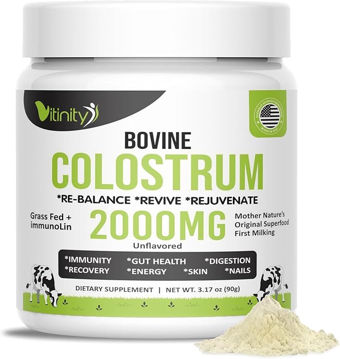 VITINITY Grass Fed Bovine Colostrum Powder for Humans - Natural IgG Colostrum Supplement for Gut Health Immune Support Muscle Recovery &amp Wellness | Pure Colostrum Superfood Unflavored (90 Grams