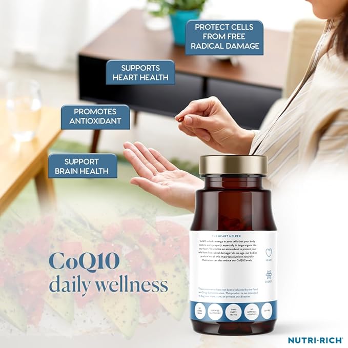 Nutri-Rich CoQ10 Softgels Coenzyme Q10 Ubiquinone for Heart &amp Energy Statin Usage &amp Cellular Health Third Party Tested GMP Quality No Artificial Additives No Soy Gluten Free 90 Count