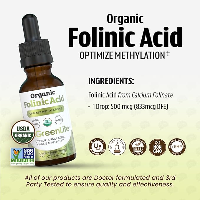 Dr. Green Mom USDA Organic Folinic Acid Drops - 500 mcg per Drop | Methylation Support B9 Supplements for Kids &amp Adults | Supports Neurological Function Nervous System Health &amp DNA Synthesis