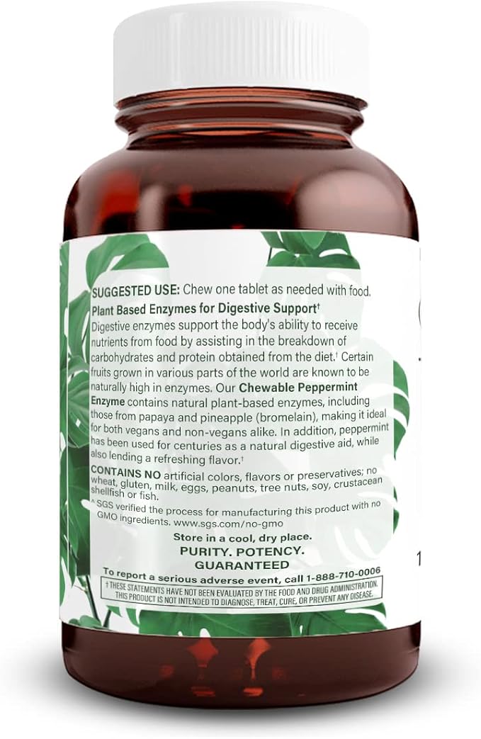 Natural Nutra Chewable Peppermint Digestive Enzyme Supplement Help to Relieve Gas Indigestion and Other Digestive discomforts Stomach Calmness Papaya (Papain) Vegan and Vegetarian 100 Tablets