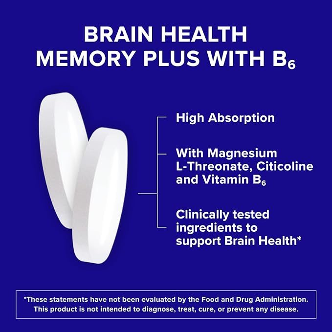 Qunol Brain Health Memory Plus with B6 Magnesium L-Threonate &amp Citicoline Clinically Tested Ingredients to Improve Memory Focus Attention and Productivity 90 Count