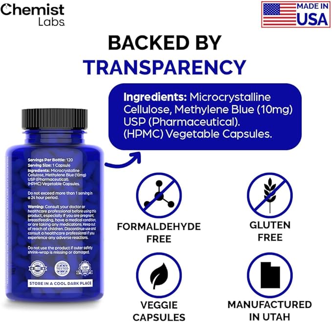 Methylene Blue Capsules for Humans - USP Grade 99% Purity Methylene Blue Pharmaceutical Grade Third Party Tested Supports Cellular &amp Mitochondrial Function Made in USA 120 Count