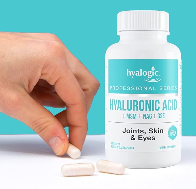 Hyalogic Hyaluronic Acid Delayed Release Capsules | Combo Formula w/Glucosamine MSM | Support Healthy Joints Eyes and Skin and Overall Body | Promote Healthy Skin | 120 mg | Non-GMO (30 Count)