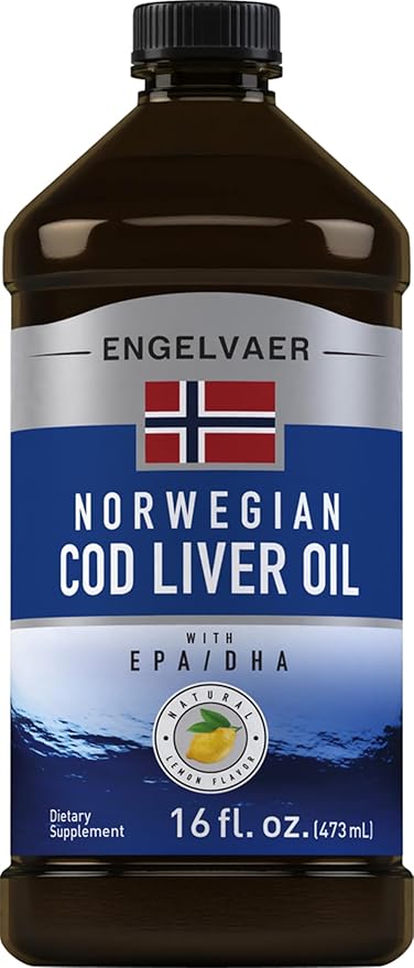 Piping Rock Cod Liver Oil Liquid | 16 fl oz | with EPA and DHA | Engelvaer Norwegian | Lemon Flavor | Non GMO Gluten Free Supplement
