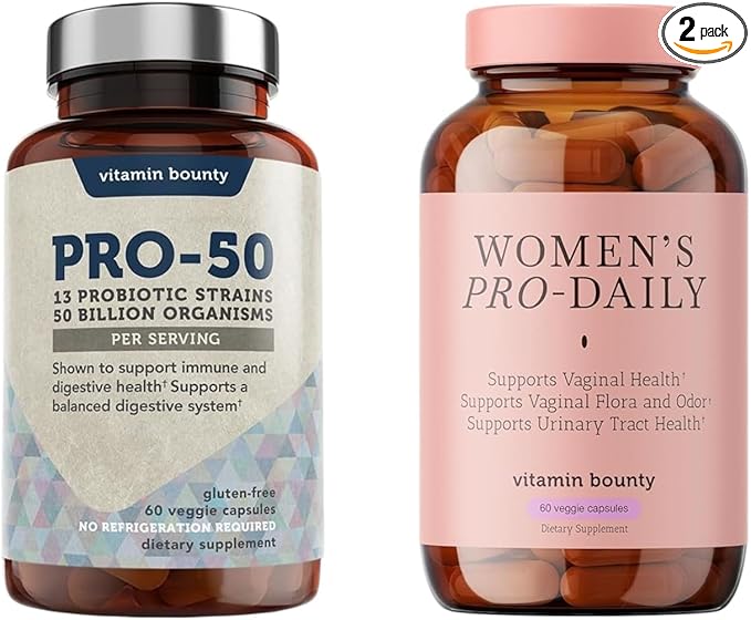 Vitamin Bounty Probiotic Bundle for Women – Pro-50 (50 Billion CFU 13 Strains + Prebiotics) &amp Pro-Daily Vaginal Probiotics (10 Billion CFU 5 Strains with Cranberry) – Digestive Immune Urinary