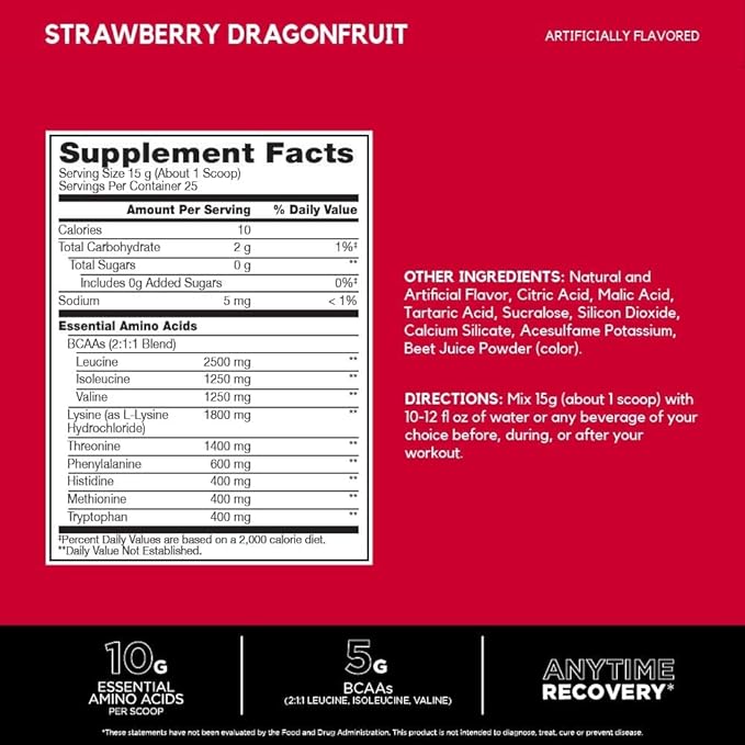 BSN Amino X EAAs Muscle Recovery &amp Endurance 10g Essential Amino Acids 5g BCAAs Zero Sugar Caffeine Free Strawberry Dragonfruit 13.2oz 25 Servings