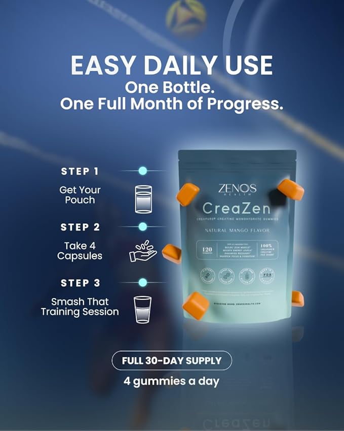 Zenos Health CreaZen - Creatine Monohydrate Gummies - Creatine Supplement for Muscle Growth Strength Recovery &amp ATP Boost Preworkout Supplements - Made in USA Mango Flavor - 120 Count