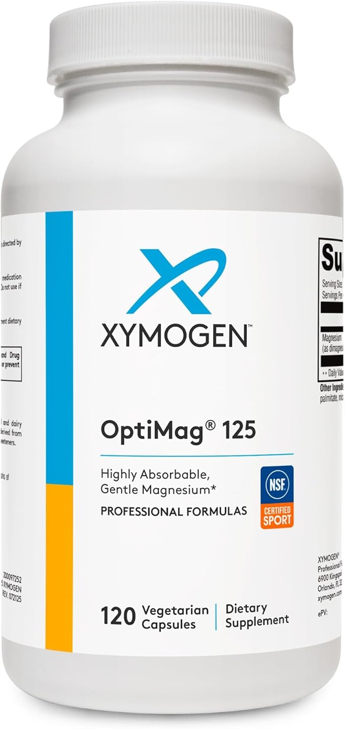 XYMOGEN OptiMag 125 - Magnesium Glycinate &amp Malate - Muscle &amp Nervous System Support - Gentle Daily Magnesium - 120 Capsules