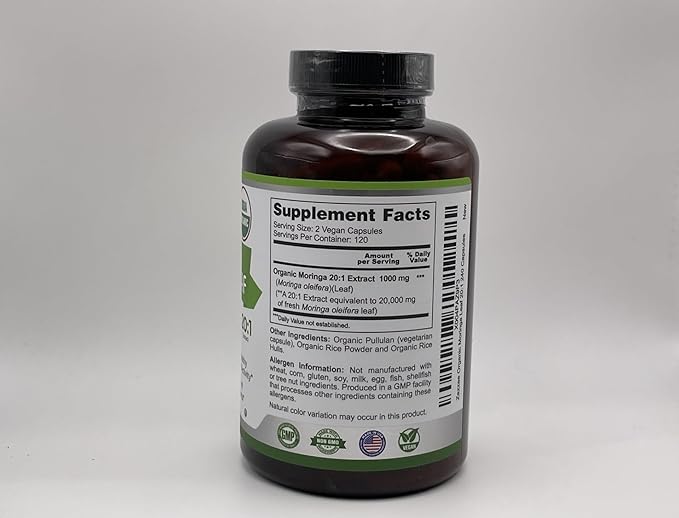 Zazzee USDA Organic Moringa Leaf 20:1 Extract 1000 mg Per Serving 240 Vegan Capsules 4 Month Supply Certified Kosher Moringa Oleifera Antioxidant Immune &amp Cellular Support Made in the USA
