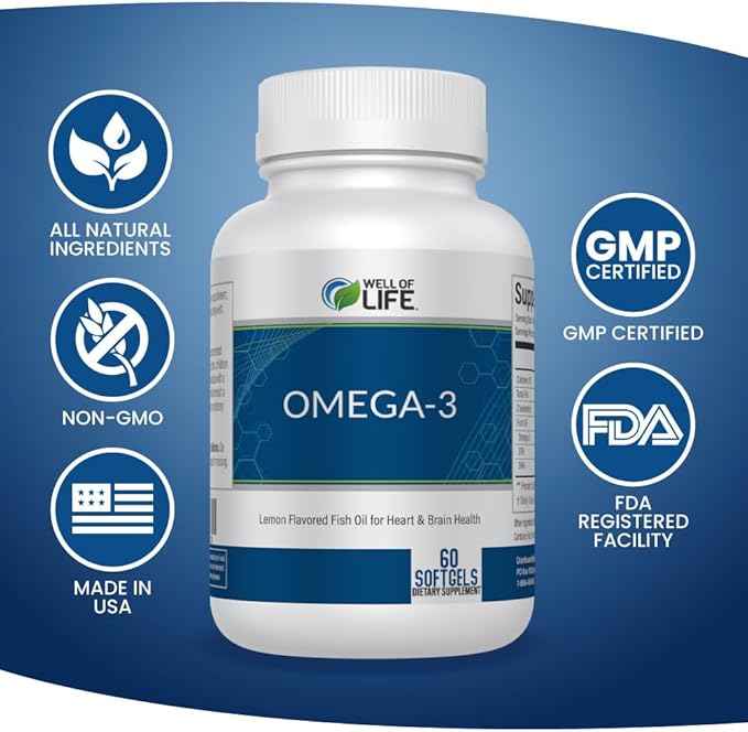 Well of Life Omega-3 Fish Oil – 60 Softgels | High EPA &amp DHA for Heart and Brain Health | Non-GMO Premium Fish Oil Supplement | Made in USA GMP Certified