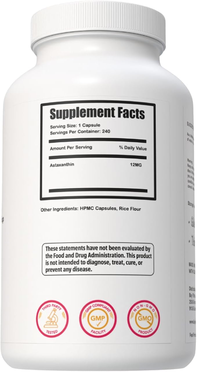 Astaxanthin 12mg Each Capsule Extra Strength - Astaxanthin Supplements Antioxidant Source - Gluten Free 240 Count 120 Servings