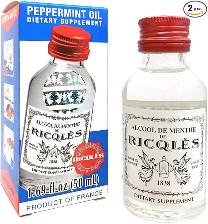 Ricqles Peppermint Oil Dietary Supplement (Supports Healthy Digestion Intestinal Comfort) (1.69 fl. oz per Bottle) (2 Bottles) (Product of France)