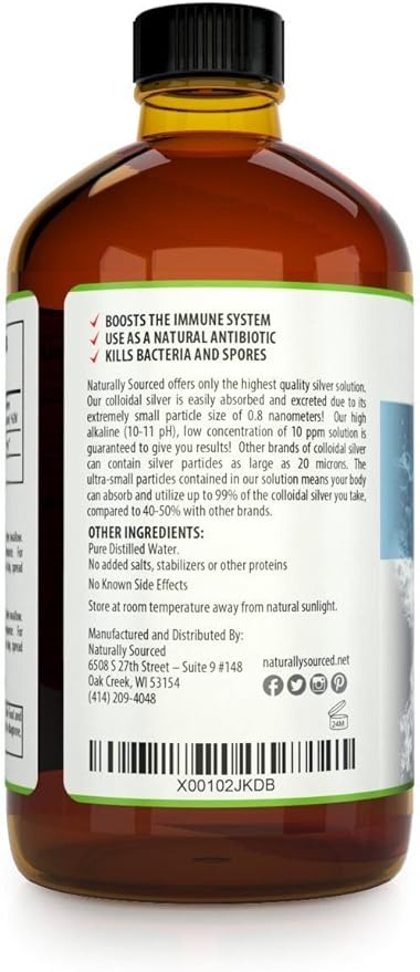 Kaiame Naturals Colloidal Silver Ionic Silver Solution 10 PPM Large 16 oz Glass Bottle Natural Immune Support Supplement Safe for Adults Children and Pets
